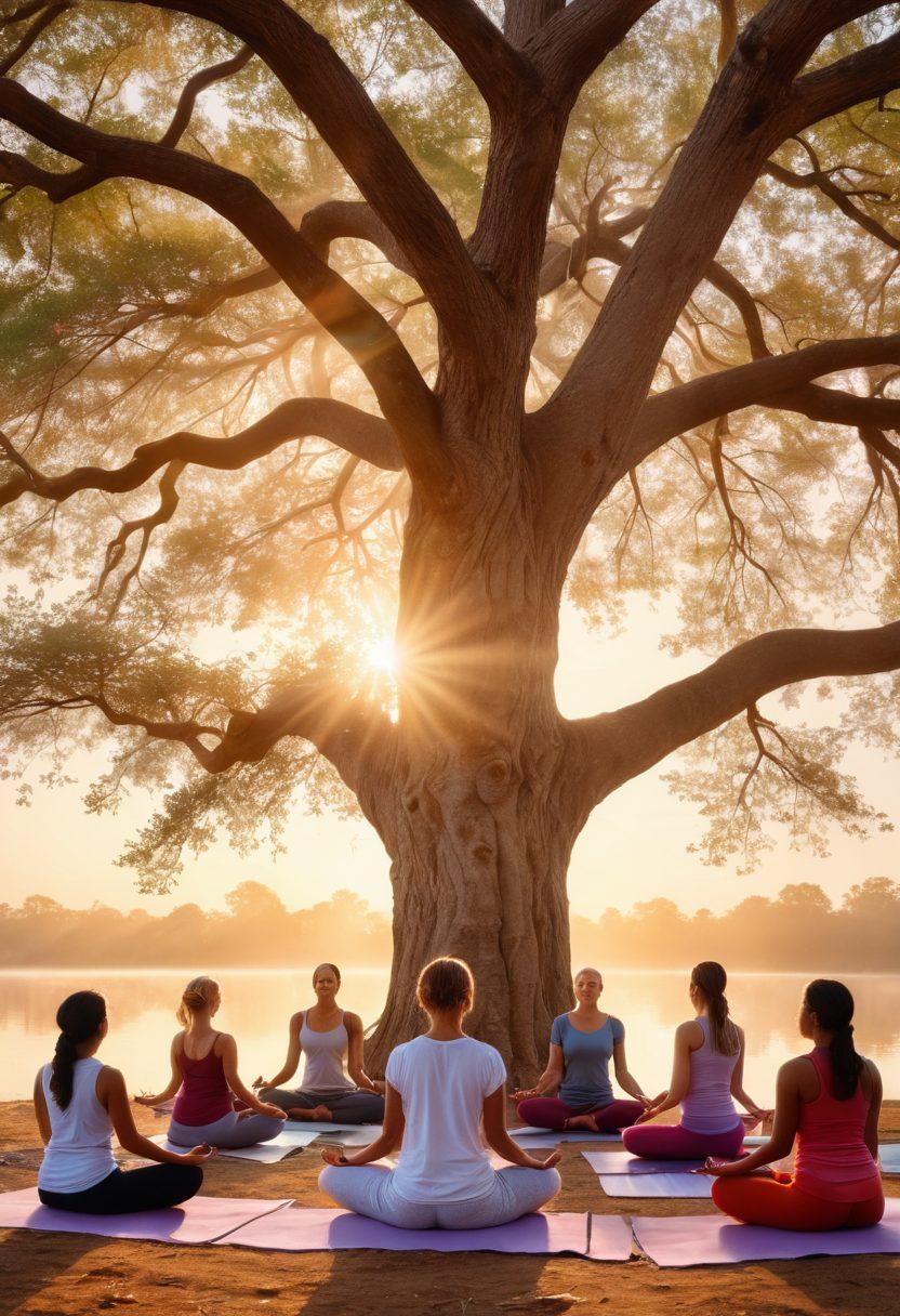 A serene scene depicting diverse individuals practicing yoga under a majestic tree, embodying the connection of mind, body, and community in healing. In the background, a radiant sunrise symbolizes hope, with soft pastel colors enhancing the peaceful atmosphere. Elements like herbal remedies and community support gatherings subtly arranged to emphasize holistic wellness in cancer care. super-realistic. vibrant colors. nature-inspired.