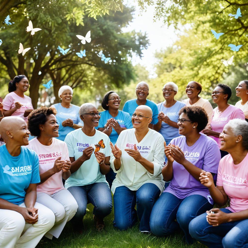 A heartwarming scene of a diverse group of cancer survivors gathered in a sunlit park, sharing stories and laughter, with symbolic elements like butterflies and blooming flowers representing hope and resilience. Include advocacy materials like banners and brochures in their hands, showcasing unity and empowerment through education. The background should be filled with soft, uplifting colors to evoke a sense of inspiration and community. vibrant colors. super-realistic. warm lighting.
